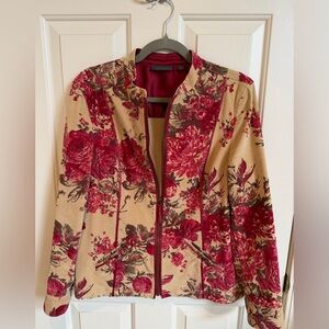 Amber Sun Floral Zip-Front Women’s Jacket in Beige and Red Corduroy. Size L. EUC